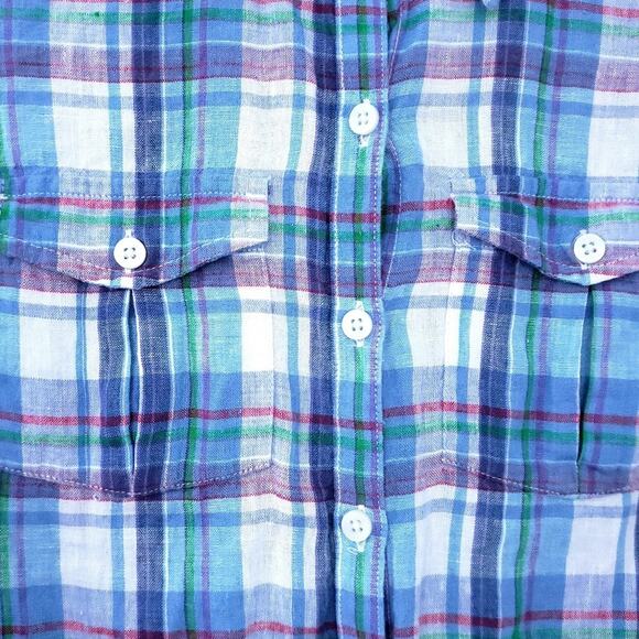 LL Bean Blue Purple Linen Stripe Button Down Shirt Women XS Xsmall Plaid Pretty - Picture 2 of 7